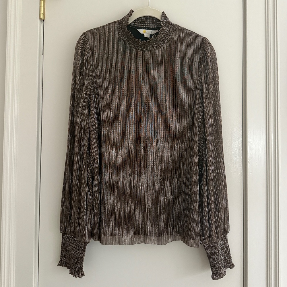 Boden Smocked Neck Metallic Shimmer Plisse Top Size 10